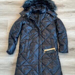 Donna Karan Newyork Shine Faux Fur Trim Hooded Puffer Coat small WOMANS